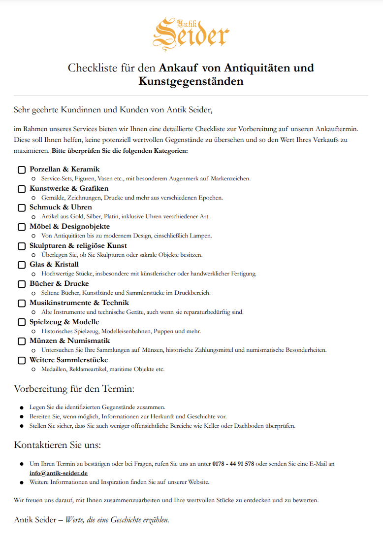 Checkliste für den Ankauf von Antiquitäten und Kunstgegenständen